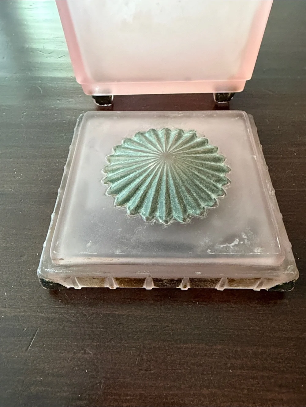 Taussaunt Glass Frosted  Pink Square Vanity Powder Box with Sunburst